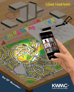 An illustration of a hand holding mobile phone shining its torchlight onto a local map. The map is on a wooden desk surrounded by: diagrams, a measuring tool, elastic bands, pencil, paperclips, mini wooden Block West blocks, and brightly coloured letters reading ‘imagining for real’. On the mobile phone is a Zoom call of six people of different genders, ages, and races. At the bottom of the image is the date, ‘Sat 20th November’ and the Knowle West Media Centre logo, both in white. 