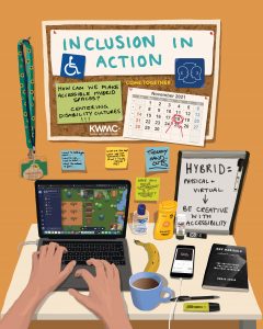 An illustration of a cork board with: a calendar on it, that has the date November 18th heavily highlighted and circled in red; a post-it note with the writing ‘How can we make accessible hybrid spaces? Centring disability cultures!!!’ Scribbled onto it’; a sign at the top with ‘Inclusion in action’ written onto it; a disability badge and a symbol of two heads in a loop. There are also logos for Knowle West Media Centre and Come Together.